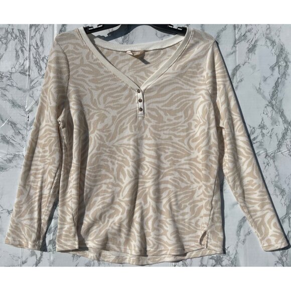 Terra & Sky Womens Plus Size 0X (14W) Beige & White Zebra Print Waffle Knit Henl - Picture 1 of 5